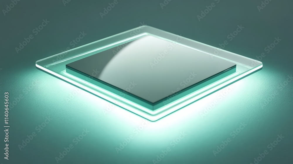 Poster a microchip with glowing edges placed on a frosted glass plate, creating a subtle and elegant futuri