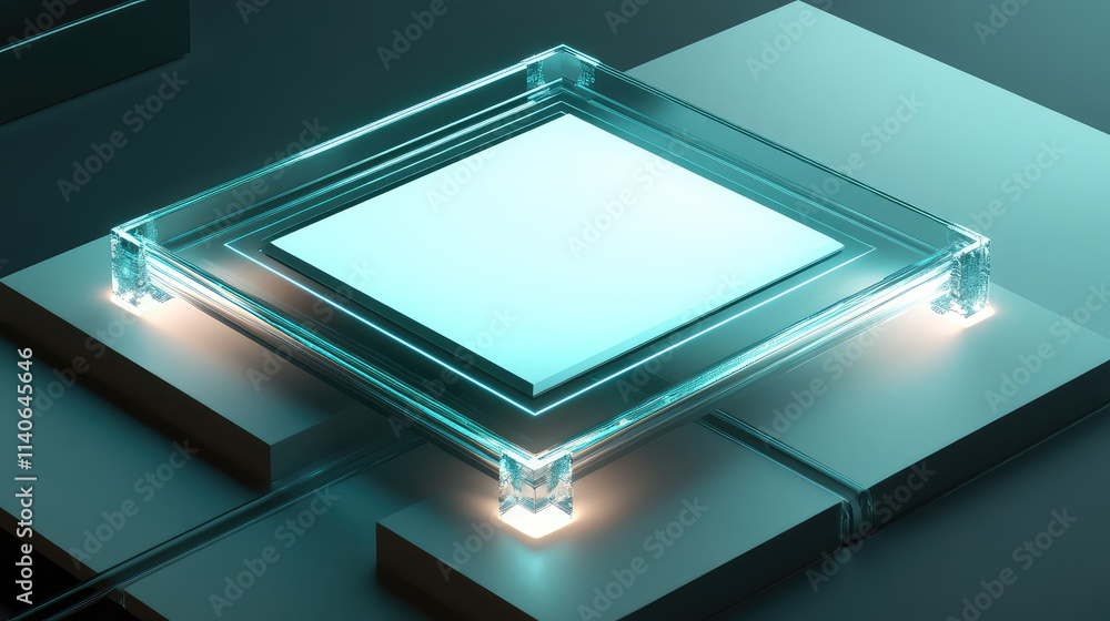 Poster a microchip with glowing edges placed on a frosted glass plate, creating a subtle and elegant futuri