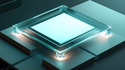 A microchip with glowing edges placed on a frosted glass plate, creating a subtle and elegant futuristic appearance