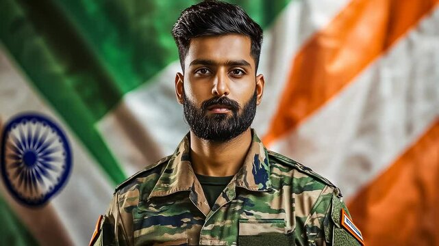 Confident young Indian man in military uniform, standing forefront with a blurred Indian flag in the background. He appears determined, set against a national symbol, conveying patriotism and