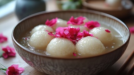 A bowl of tangyuan (glutinous rice balls) served in sweet syrup with red flower petals.