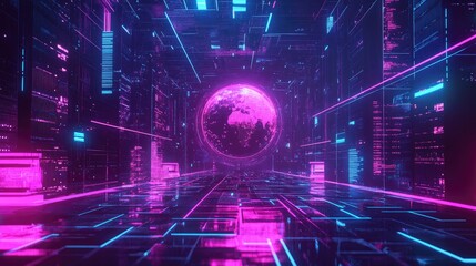 Fototapeta premium A futuristic trade concept with a digital hologram of Earth, interactive network lines, cyber-inspired, rich neon hues, clean and modern 