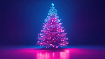 a christmas tree with pink lights in a dark room