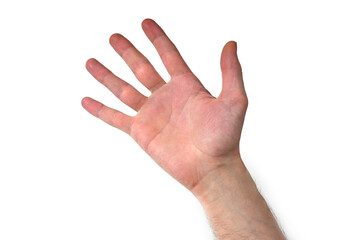 A man's palm raised up is highlighted on a white background