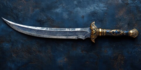 Intricately Designed Decorative Dagger with Elaborate Patterns and Ornate Handle Set Against a Richly Textured Dark Blue Background Evokes Historical Elegance and Craftsmanship