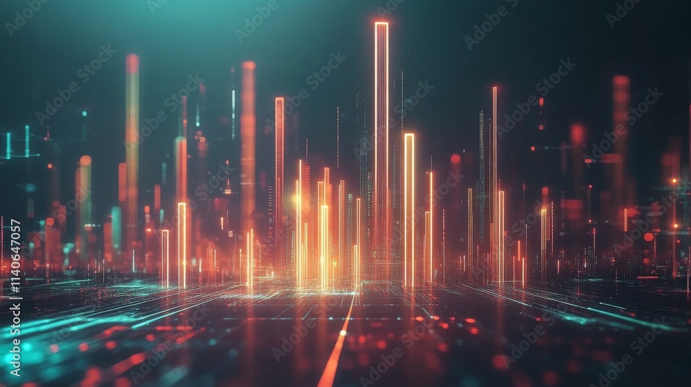Poster futuristic digital cityscape with neon lights and data patterns