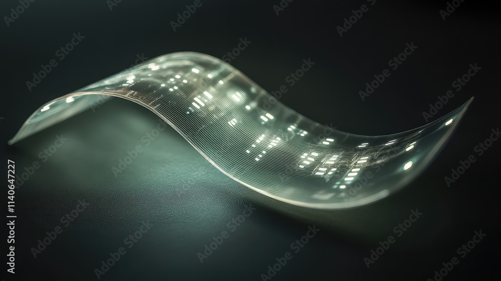 Poster a minimalist flexible microchip design glowing softly as it bends, with its transparent layers empha