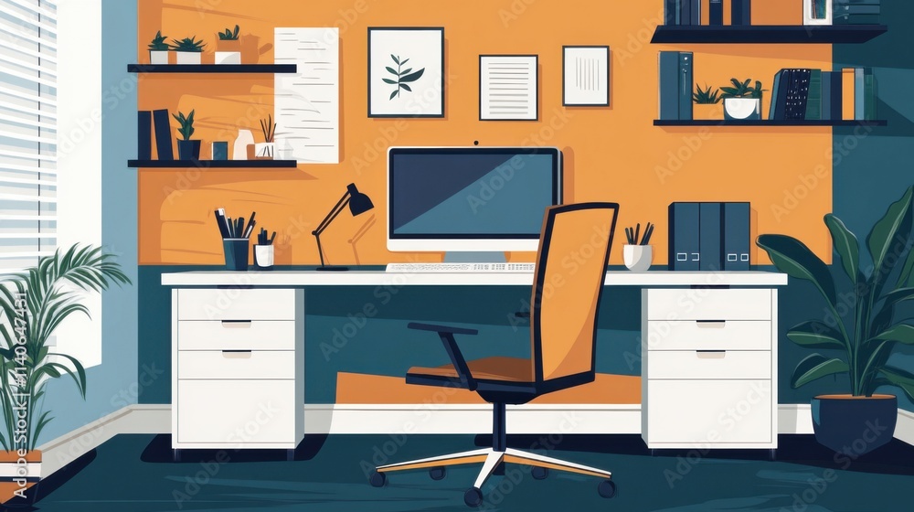 Poster a computer desk with a monitor and a chair