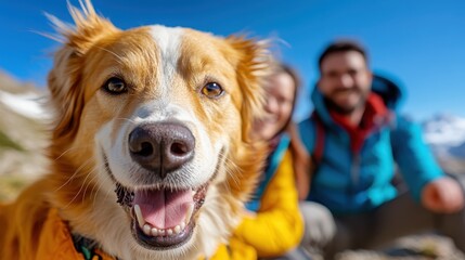 A happy dog and two hikers on a sunny mountain day, portraying camaraderie and the love for nature, surrounded by a picturesque landscape of peaks and blue sky.