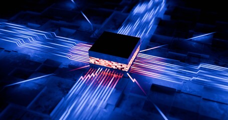 AI, Quantum processor background with lots streams of data, High Speed Transfer, Over loaded, overheating CPU, Retro style. Compute, Processing huge amounts of data at very high speed. Power hungry AI