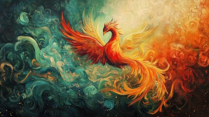 Obraz premium Traditional painting of a rising phoenix, representing growth, resilience, and newfound confidence in vibrant tones