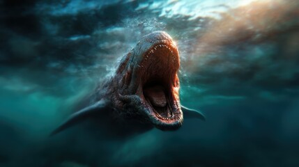 A dramatic depiction of a giant prehistoric sea creature with its mouth wide open beneath the ocean's surface, illustrating the viewer's imagination of ancient marine life.