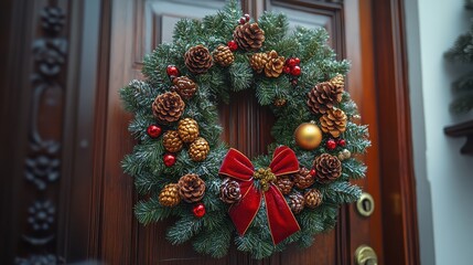 A Christmas wreath hanging on an ornate wooden door, decorated with ribbon and pinecones.