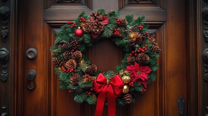 A Christmas wreath hanging on an ornate wooden door, decorated with ribbon and pinecones.