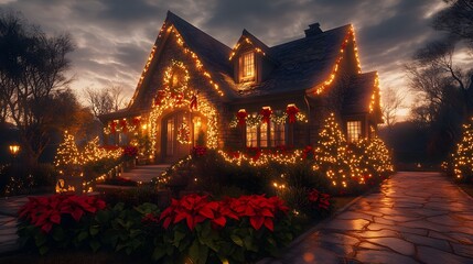 Fototapeta premium A cozy holiday house glowing with warm lights, festive garlands draped along the roofline, red bows adorning the porch, twinkling fairy lights illuminating lush greenery and poinsettias,
