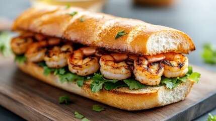 A delectable shrimp sandwich featuring fresh herbs, placed on a warm, freshly baked baguette, offering an exquisite experience for gourmet lovers and food aficionados.