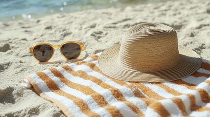 Sunglasses and straw hat on striped beach towel.