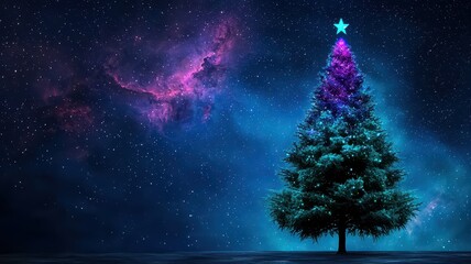 Fototapeta premium A vibrant Christmas tree illuminated against a cosmic backdrop, featuring a star on top and colorful hues blending with a starry sky.