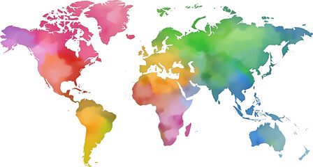 Colorful watercolor world map on transparent background.