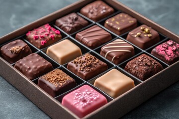 Box of assorted gourmet chocolates displaying variety of flavors