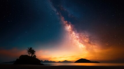 A mesmerizing night reflection of the Milky Way galaxy over a tranquil ocean surface, with small islands and a lone palm tree standing against a lustrous horizon.