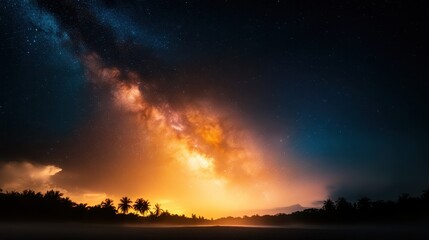 Naklejka premium The vivid Milky Way stretches across a glowing horizon, highlighting a quiet tropical coast lined with silhouetted palm trees under the expansive night sky.