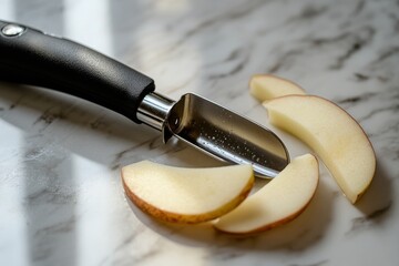 A sleek kitchen tool showcases the art of slicing apples. Perfectly cut pieces rest on a marble surface. Elevate your culinary skills with stylish utensils. Generative AI
