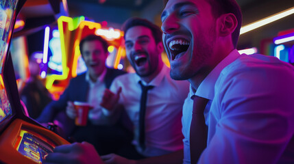 Friends celebrate a jackpot win at the casino slot machines, surrounded by vibrant neon lights and the thrill of nightlife entertainment. Image made using Generative AI
