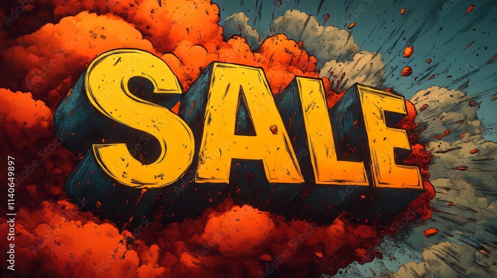 Poster big sale word exploding from red clouds in the sky