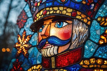 Obraz premium Stained glass nutcracker bringing christmas spirit with snowflakes background
