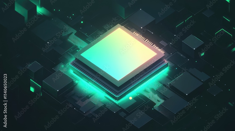 Poster a minimalistic microchip with subtle glowing circuits that light up in a gradient of soft green to b