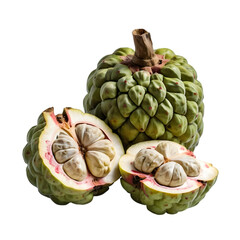 Obraz premium Custard apple on reflective white glass, its textured green exterior mirrored subtly for a modern, minimalistic presentation.