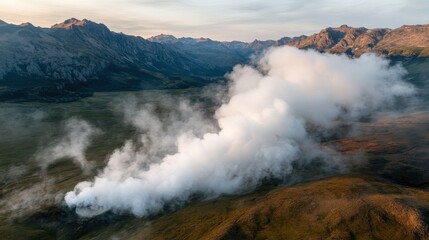 An aerial perspective reveals dense volcanic smoke billowing over a vast, rugged mountain range, highlighting the natural power and unpredictable beauty of earth.