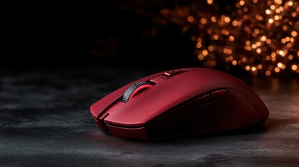 A sleek, red wireless mouse resting on a dark surface with a focus on its elegant design and ergonomic shape, perfect for modern computing tasks.