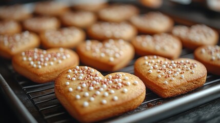 A close-up of heart-shaped cookies decorated with icing and sprinkles on a baking tray.