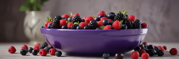 Juicy purple berries overflowing from a colorful ceramic bowl, color, juicy