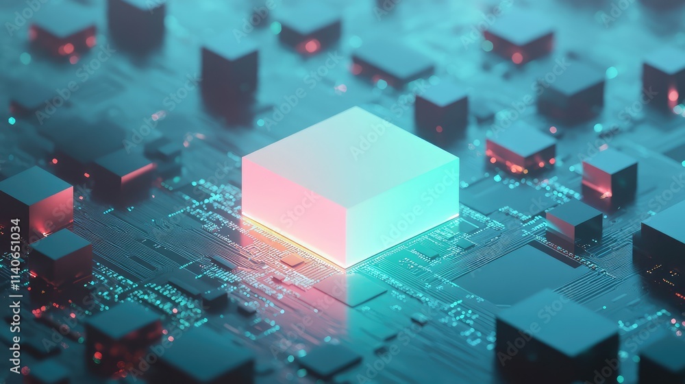 Poster a minimalistic microchip with subtle glowing circuits that light up in a gradient of soft green to b