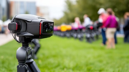 A futuristic, black robotic camera with advanced features stands prominently in a green field, showcasing cutting-edge technology's role in modern surveillance and exploration.