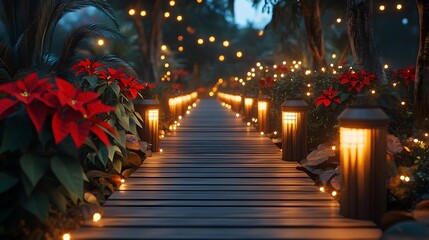 Obraz premium A cozy wooden walkway, softly glowing with ground lights, vibrant poinsettias and lush greenery lining the sides, holiday magic in every detail, serene evening atmosphere, cinematic lighting,