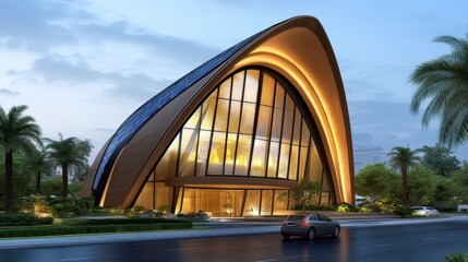 A modern architectural marvel featuring an elegant, curved design with large glass windows, surrounded by palm trees and a scenic backdrop.