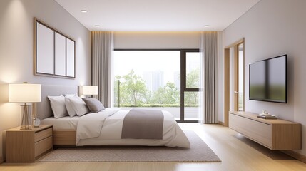 Serene Modern Bedroom Interior with Large Window and Minimalist Design Elements for Relaxation and Comfort