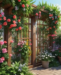 Lush greenery and blooming flowers intertwined on a wooden trellis, flowers, natural elements, greenery