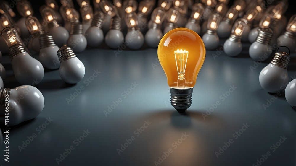 Poster light bulb glowing among shutdown light bulb in dark area with copy space for creative thinking , pr