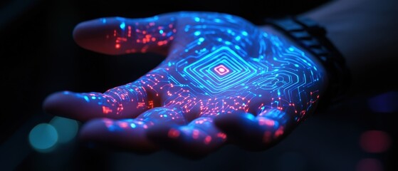 Obraz premium a hand with glowing blue and red circuitry
