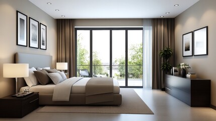 Fototapeta premium Modern Minimalist Bedroom Interior with Large Windows and Natural Light