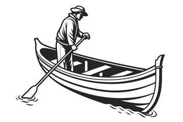 Fototapeta premium a long simple boat with an oar black silhouette color and white background