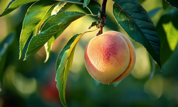 A close-up of a ripe peach hanging from a branch amidst green leaves.