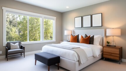Modern and Cozy Bedroom with Large Windows and Elegant Decor in Neutral Tones