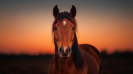 Fototapeta premium This beautiful image shows a horse with a serene expression illuminated by the rich hues of an enchanting sunset, creating a calming and picturesque portrait.