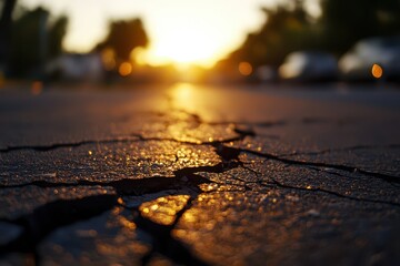 Obraz premium A close-up view of cracked pavement with a warm sunset in the background, showcasing a serene yet distressed urban landscape.